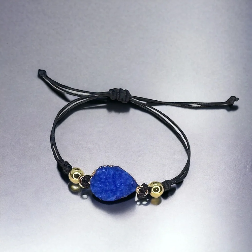 Chic NWOT Black Leather Adjustable Bracelet with Dazzling Gold & Blue Charm